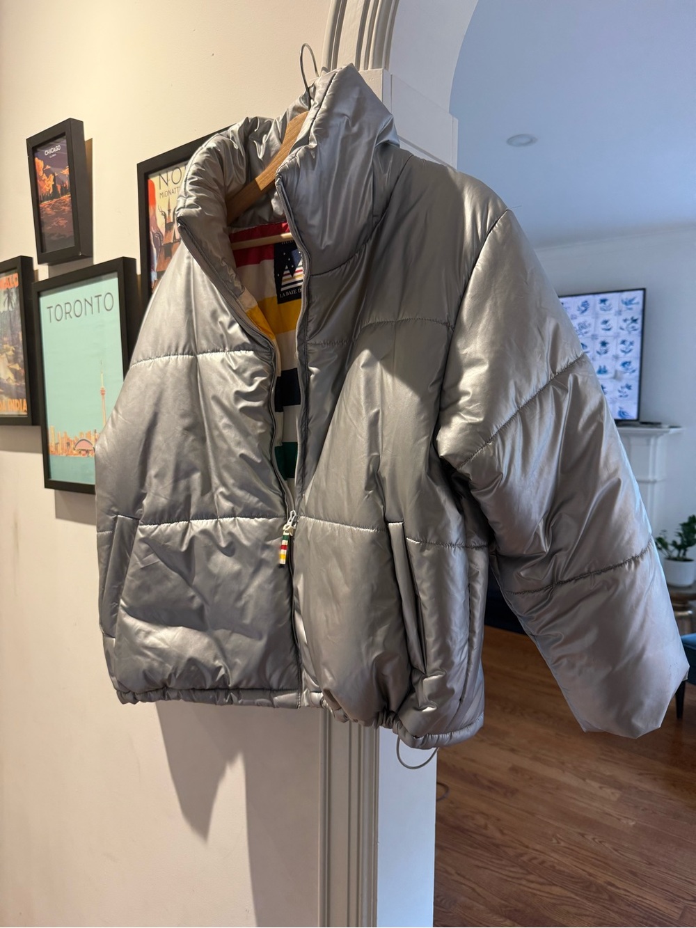 Hudsons Bay Silver Puffer Jacket  with Iconic Hudson Bay Striped Interior